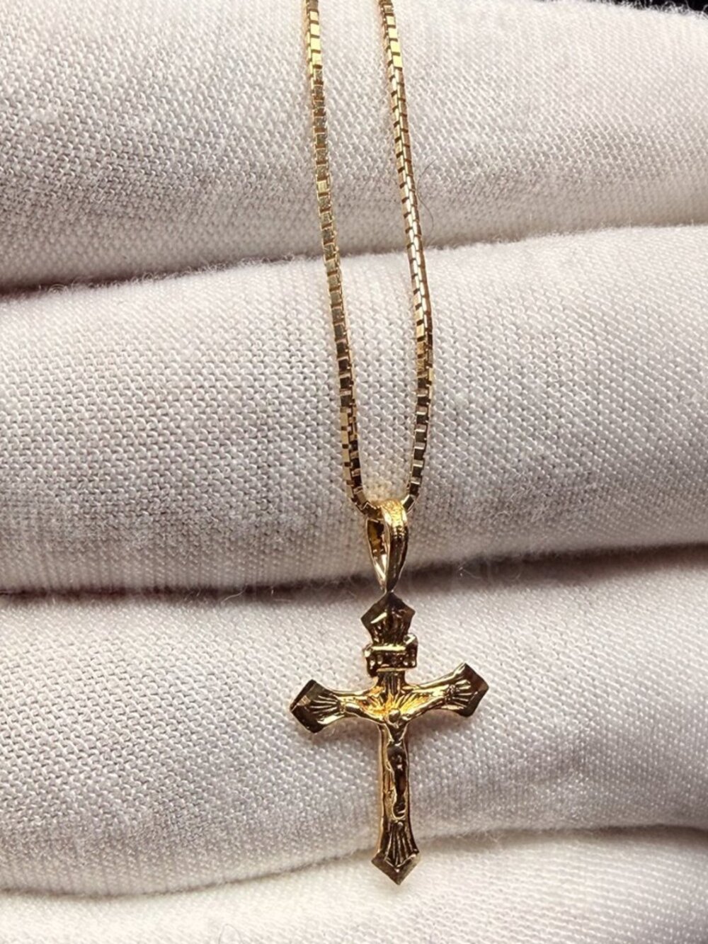 14K Yellow Gold Fancy Tiny Crucufix Pendant With 0.8mm Box Chain - 20 inch